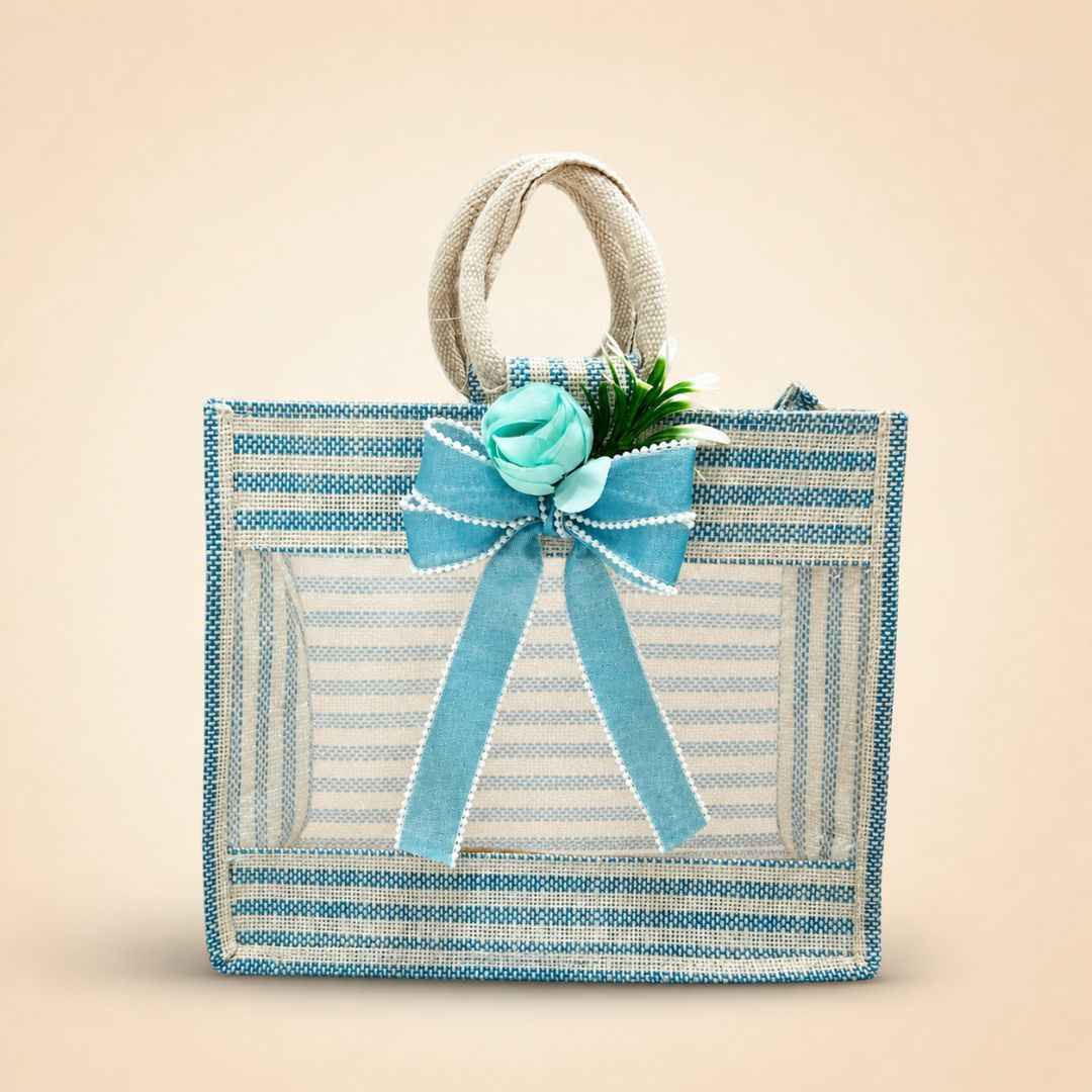(Set of 5)Premium Blue Striped Jute Gift Bag with Transparent Window & Floral Bow –  (12 x 14 Inches)