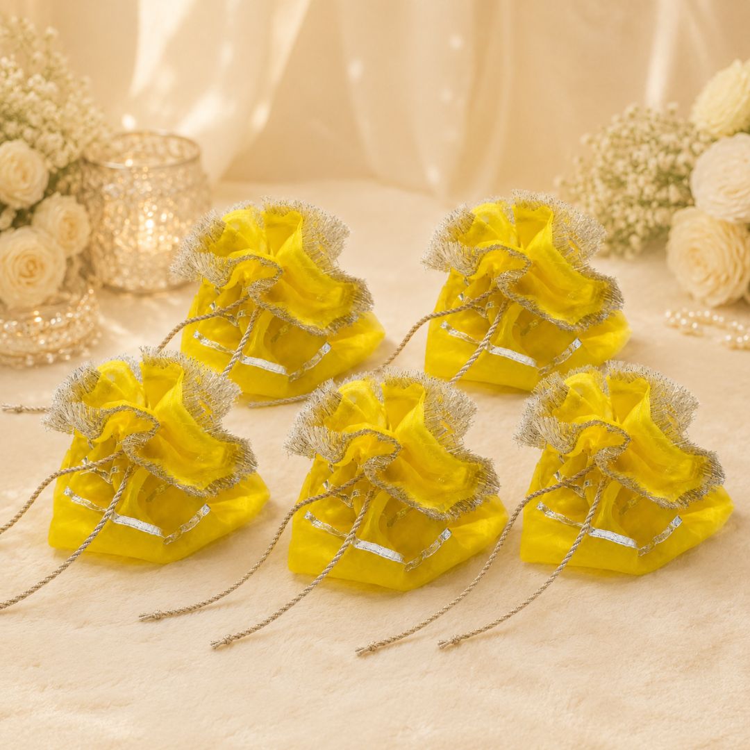 Pack of 5–  Bright Yellow Silver Lace Drawstring Potli Bag