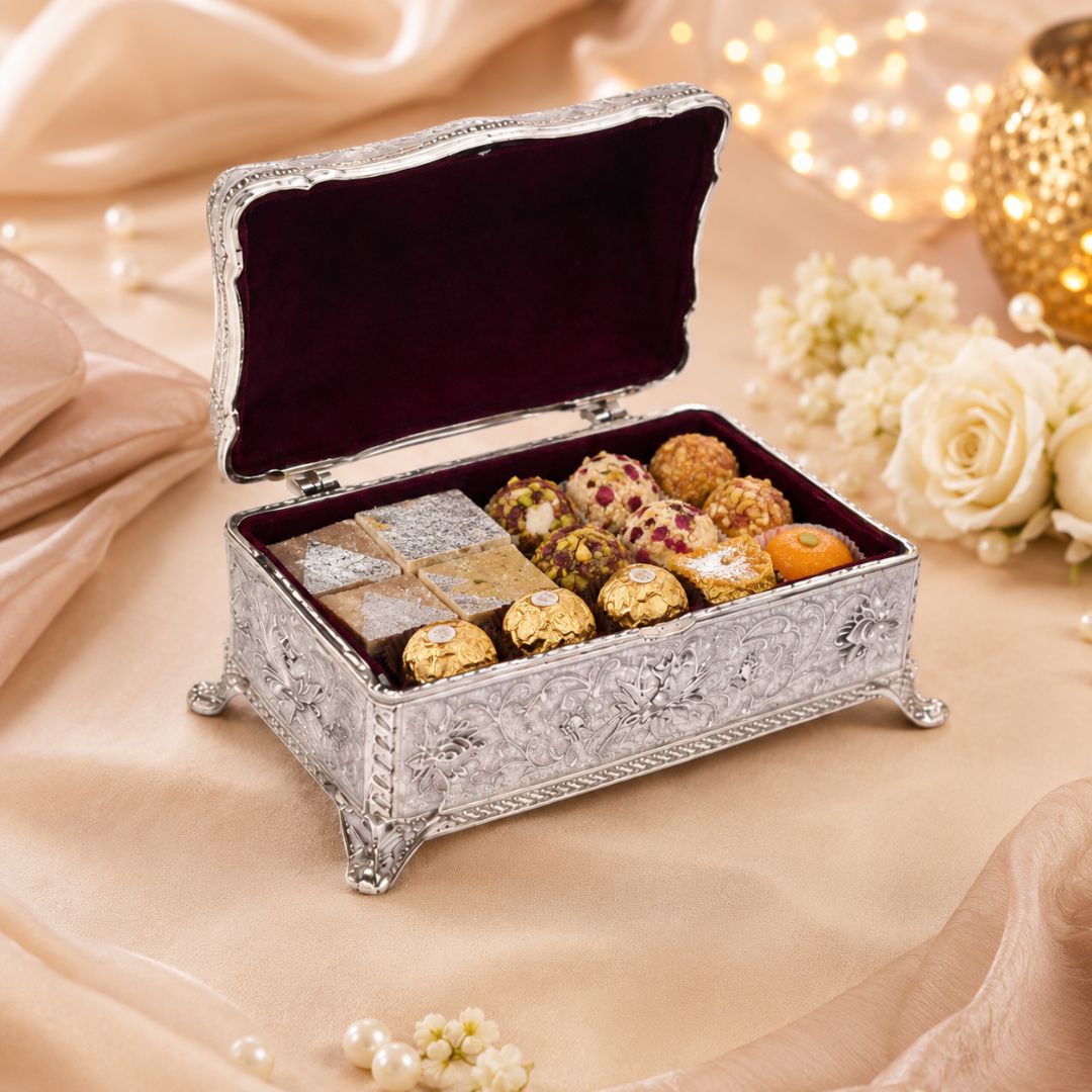Royal German Silver Embossed Storage Box with Velvet Lining – Luxury Gifting & Décor Piece