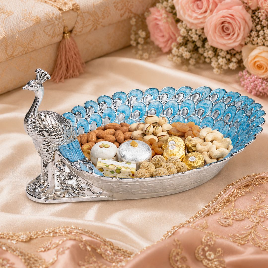 Peacock Design German Silver Dry Fruit Tray – Blue Enamel (8 Inch)