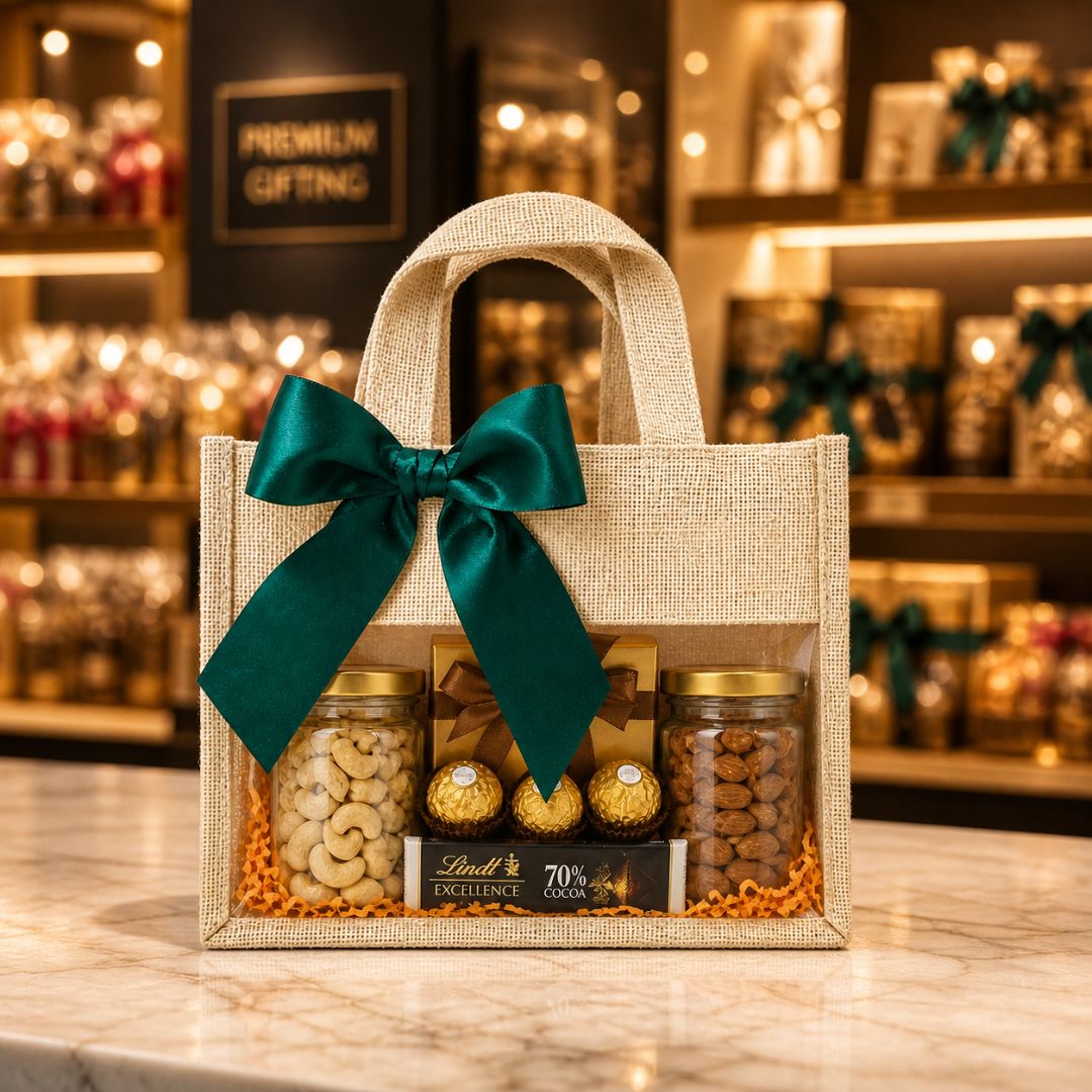 (Set of 5)Premium Jute Gift Bags with Transparent Window & Satin Bow – (12 x 12 Inch)