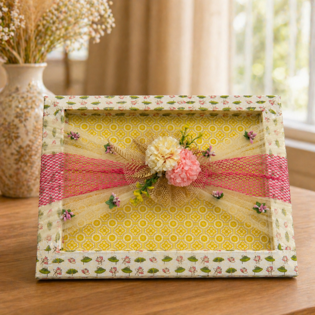 (Set of 3)Premium Floral Net Decorative Tray (18 x 14 Inch) – Yellow & Pink Wedding Hamper Tray