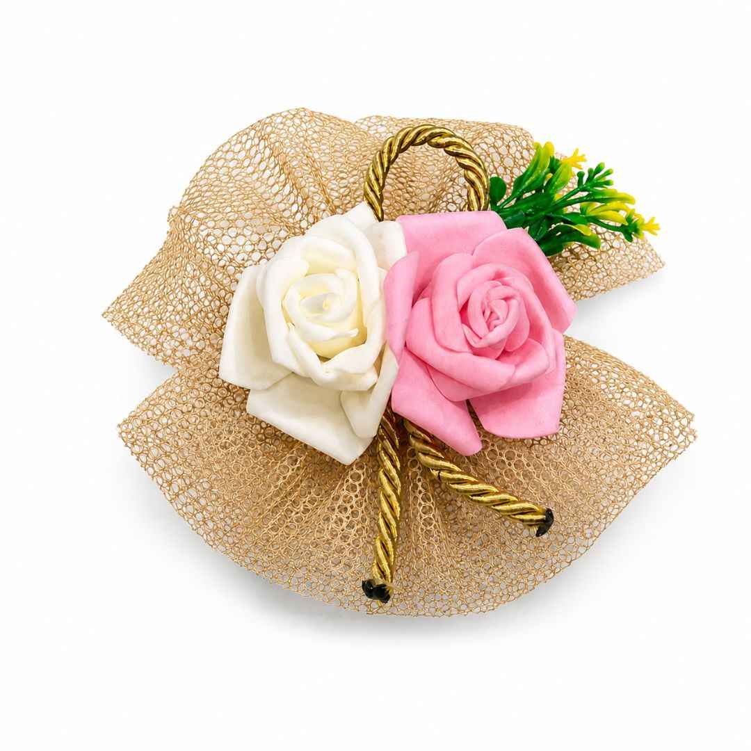 Pack of 5 Pink & White Rose Decorative Net Accessories for Hamper Packing