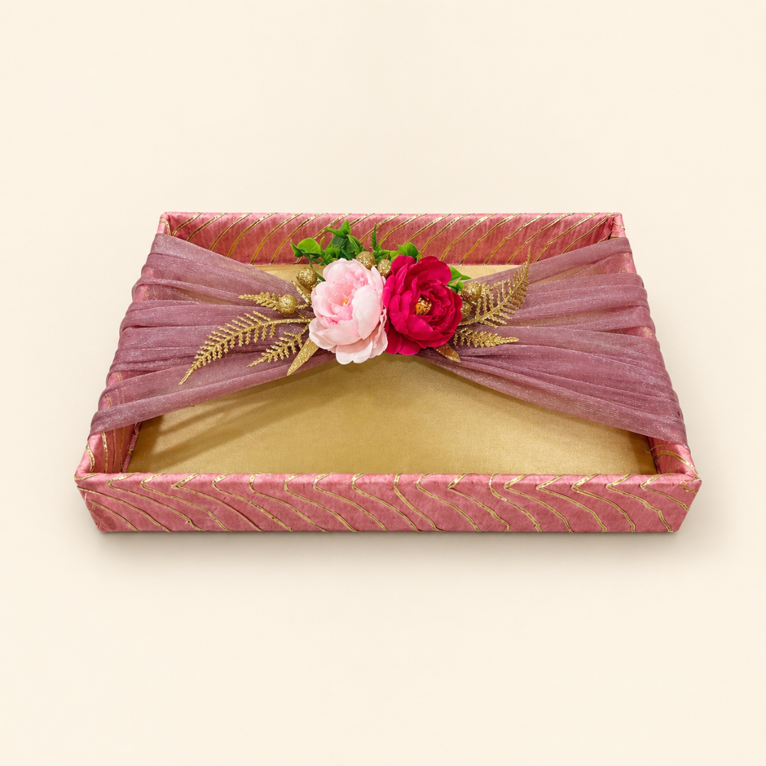 (Set of 2)Premium Pink & Gold Floral Net Gift Tray Set – Decorative Wedding Trousseau Trays - Adscraft.in