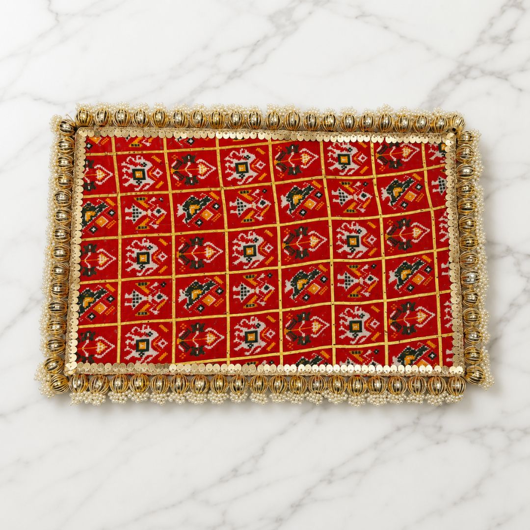 Red Patola Pearl Border Wedding Trousseau Tray