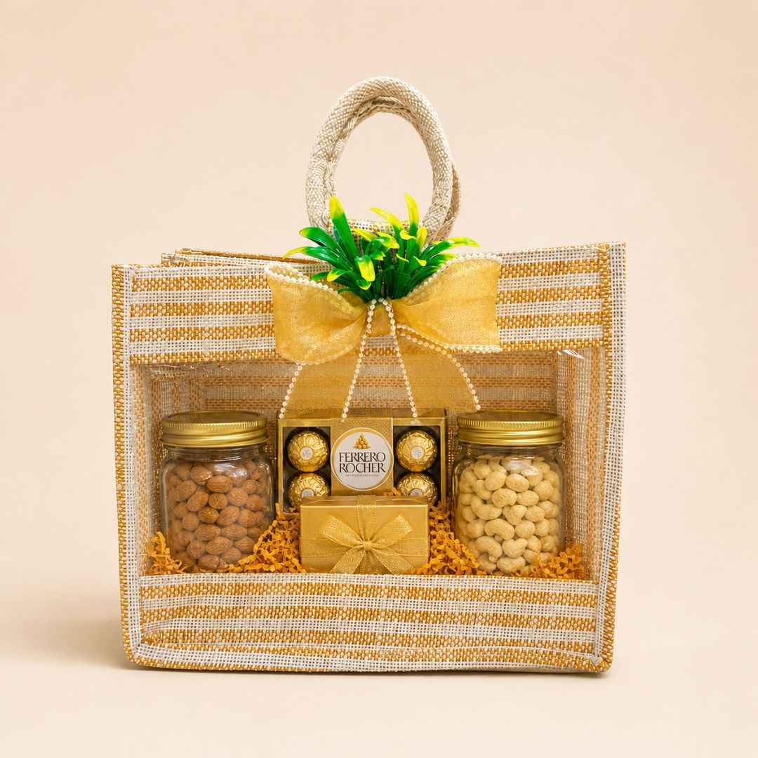 (Set of 5)Premium Jute Transparent Gift Bag with Golden Bow & Handle (12 x 14 Inch)