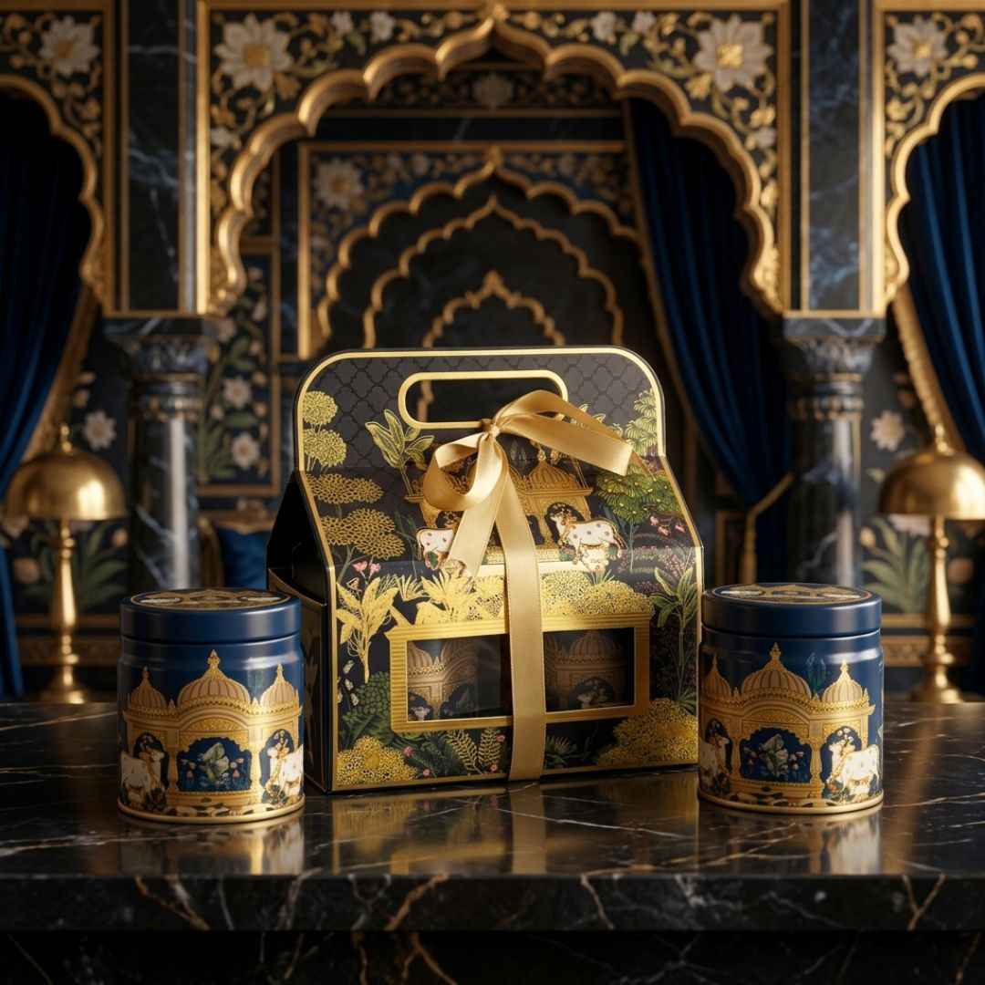 Pack of 6 Royal Blue Palace Printed Metal Tin Box with Lid – Premium Gift & Dry Fruit Packaging Box