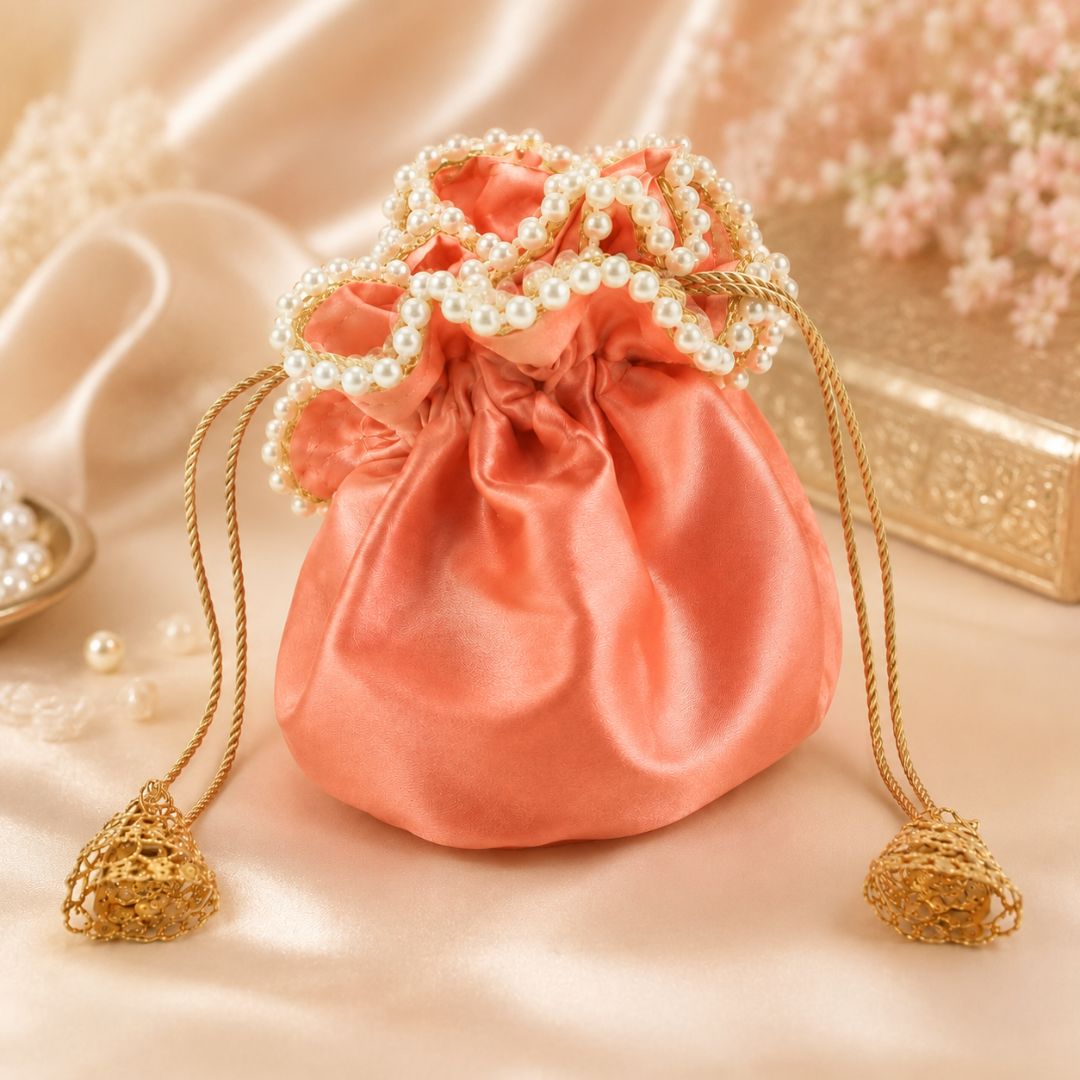 Pack of 5 -Peach Pearl Loop Drawstring Potli Bag