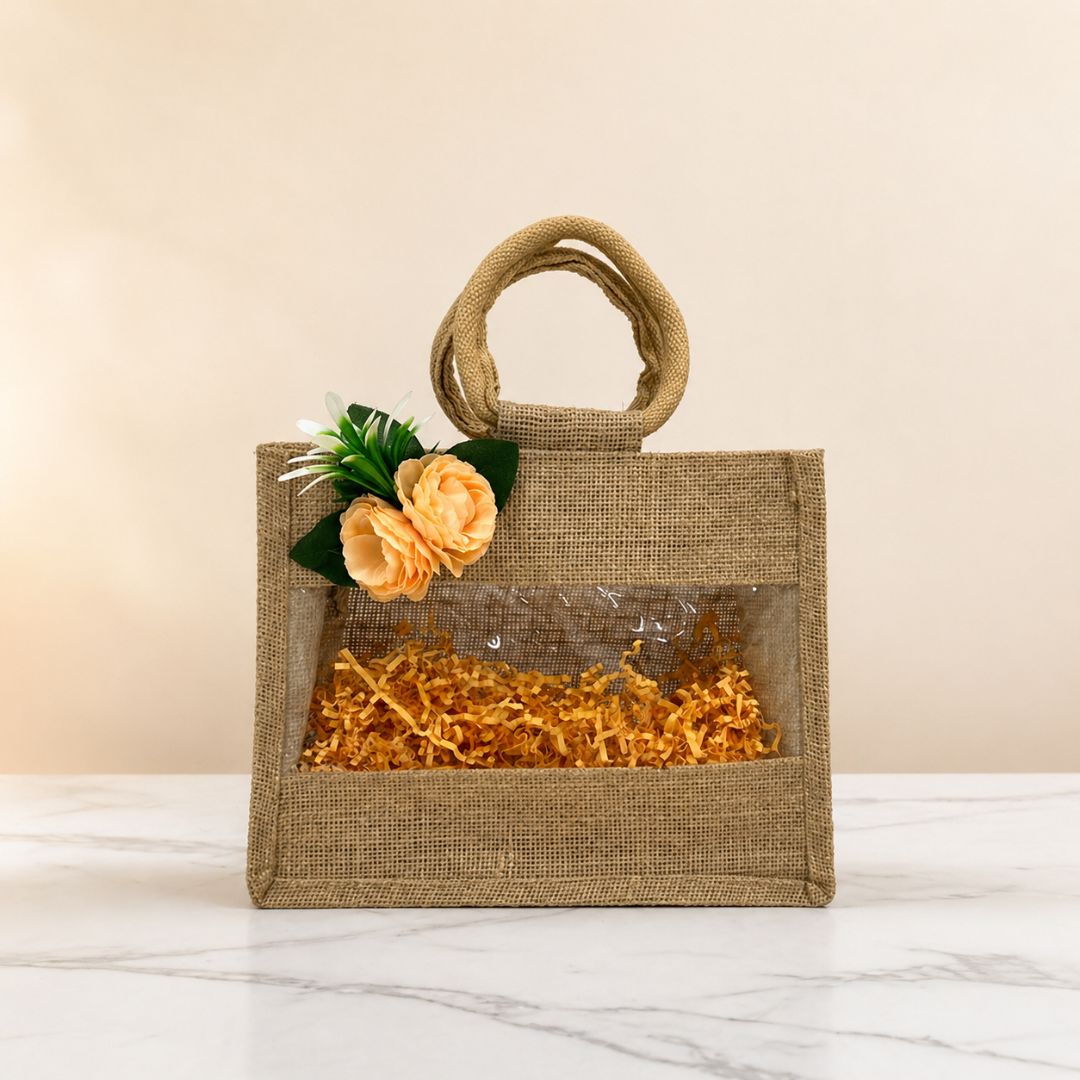 (Set of 5)Premium Jute Gift Basket with Transparent Window & Floral Accent – 11 x 13 Inch