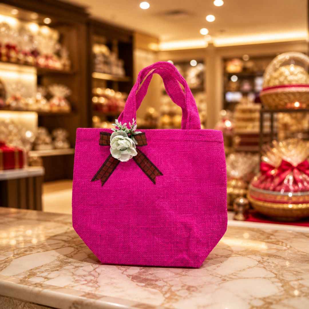 (Set of 5)Premium Pink Jute Gift Bags  with Floral Bow – 11 x 15 Inches