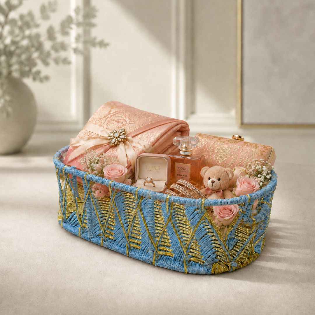 Sky Blue & Golden Decorative Basket Set of 3 – Premium Hamper Basket