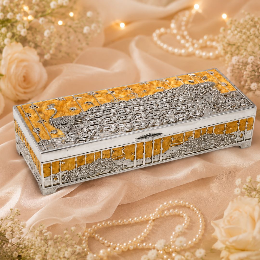 Premium German Silver Peacock Dry Fruit Box with Orange Enamel Finish (9 x 3.5 x 2 Inch)