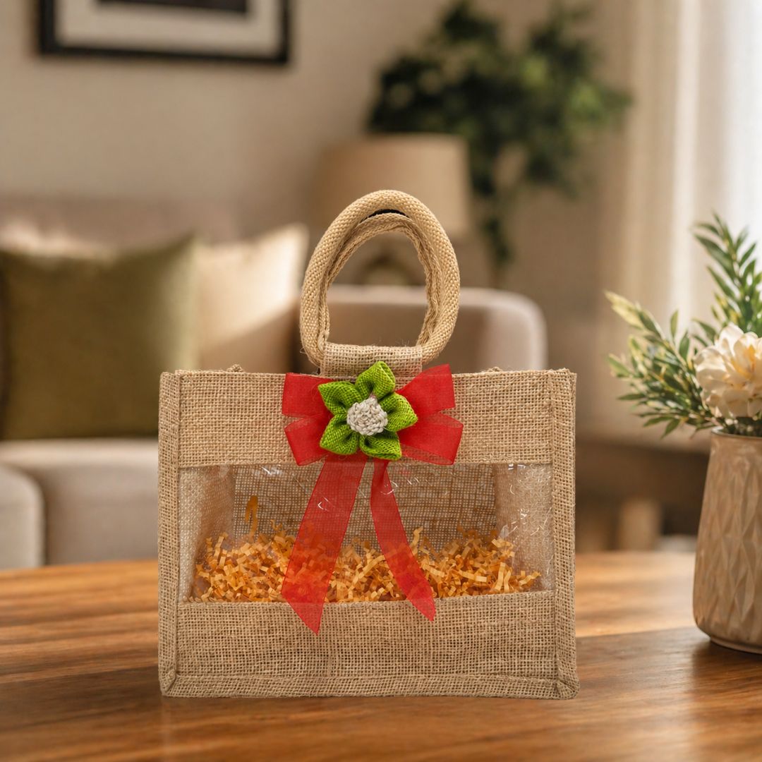 (Set of 5)Premium Jute Window Gift Basket with Handle & Floral Ribbon – 10 x 8 Inches