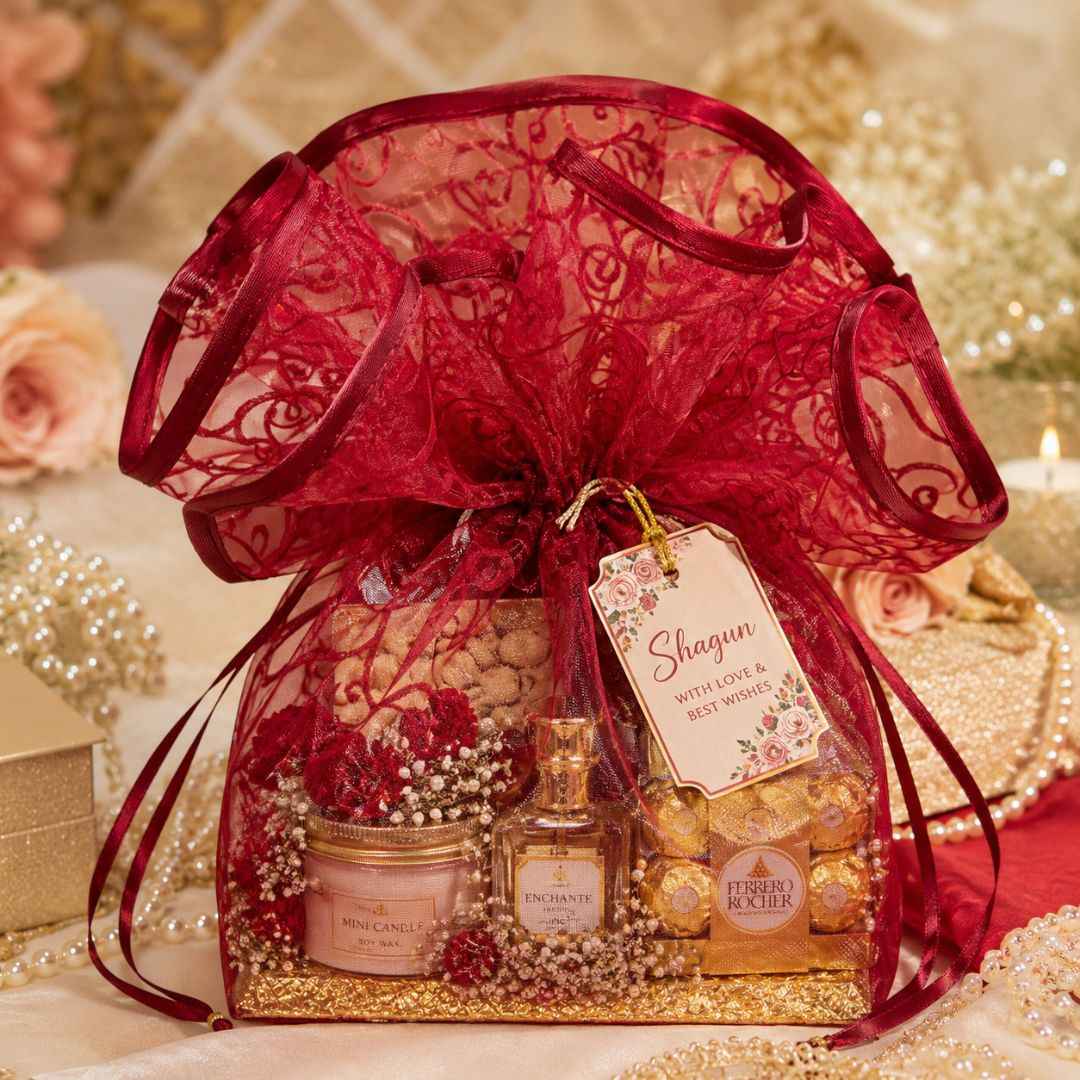Red Organza Potli Gift Bag Pack of 5 with Golden Base