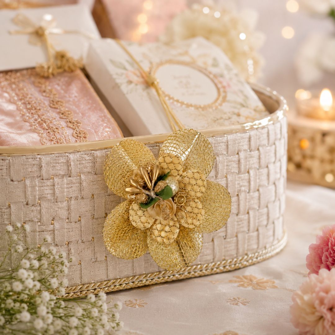 Set of 5 Golden Net Floral Decorative Accessories for Hamper & Trousseau Packing