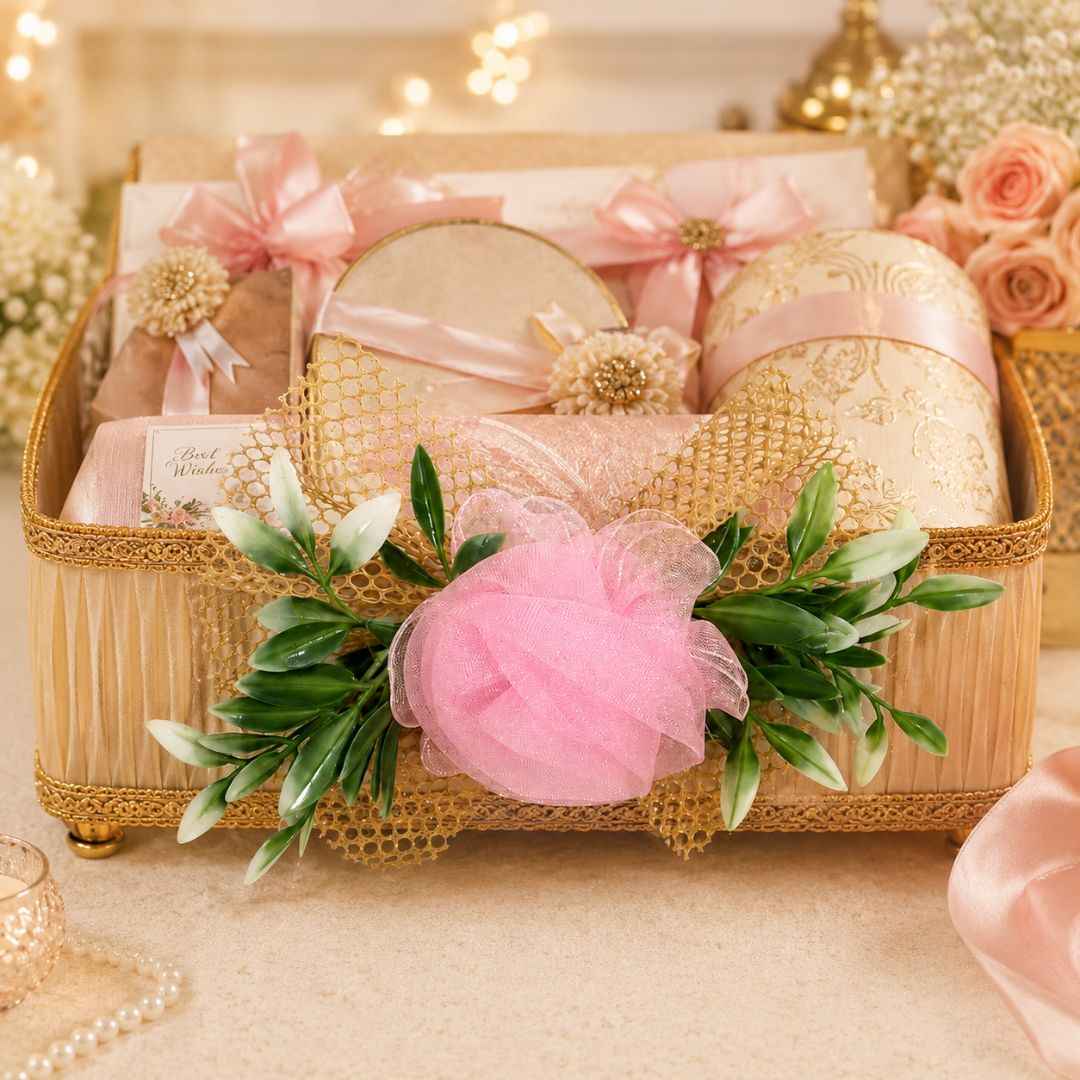 Set of 5 Pink Net Flower Decorative Accessories for Hamper & Trousseau Packing