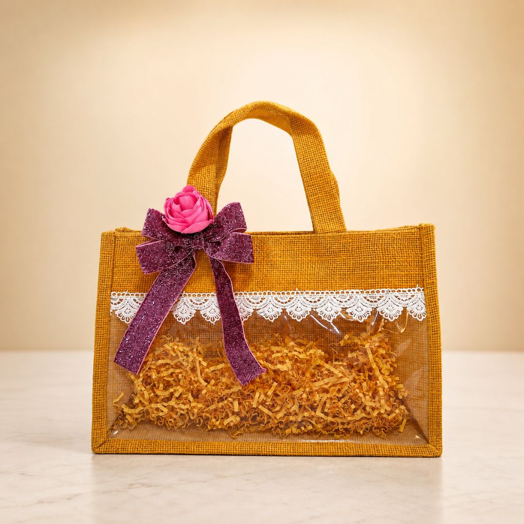 (Set of 5)Premium Jute Transparent Gift Bags with Lace & Floral Bow – 10 x 14 Inch Sizes