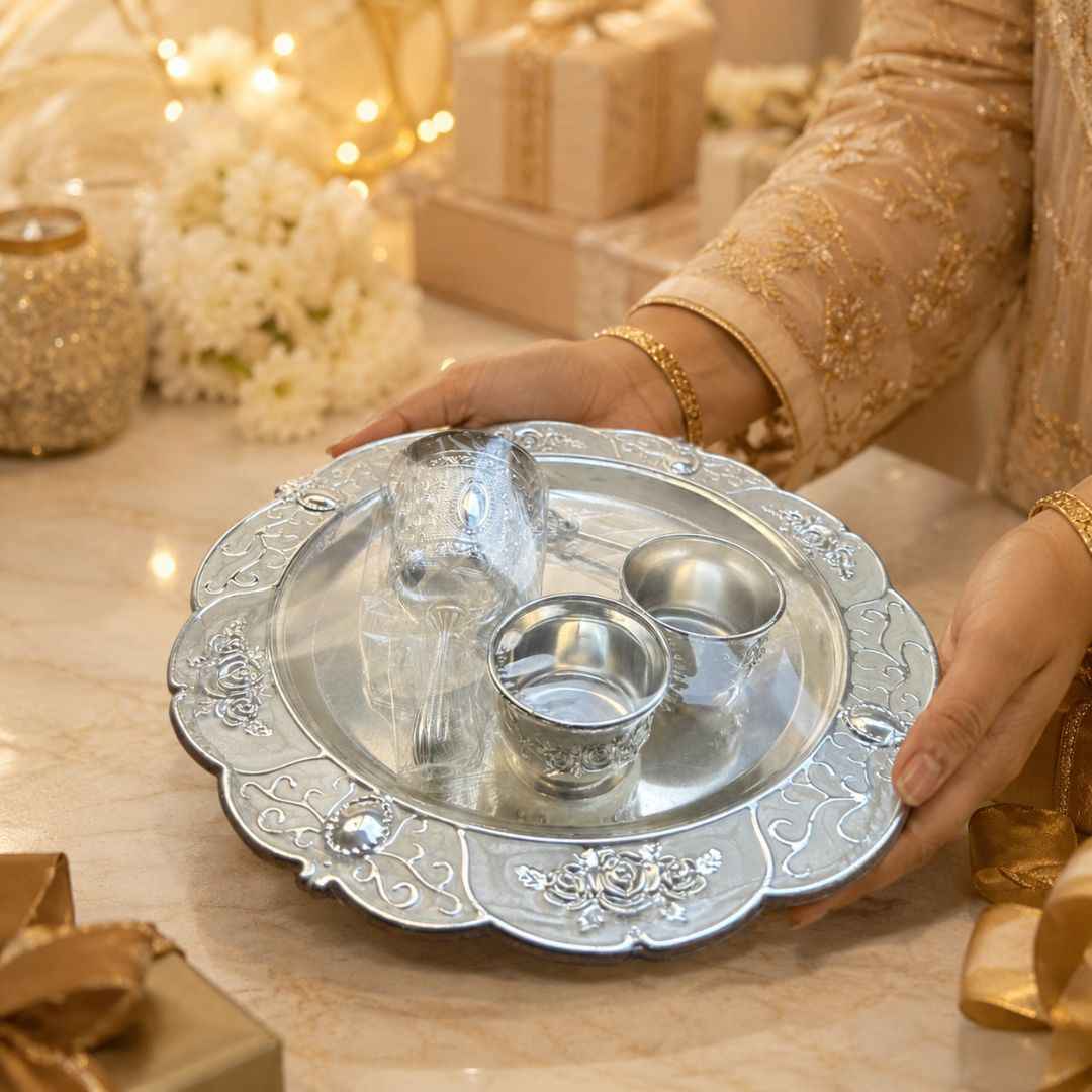 Premium German Silver Tray Set with Bowls & Spoon for Pooja, Serving & Gifting