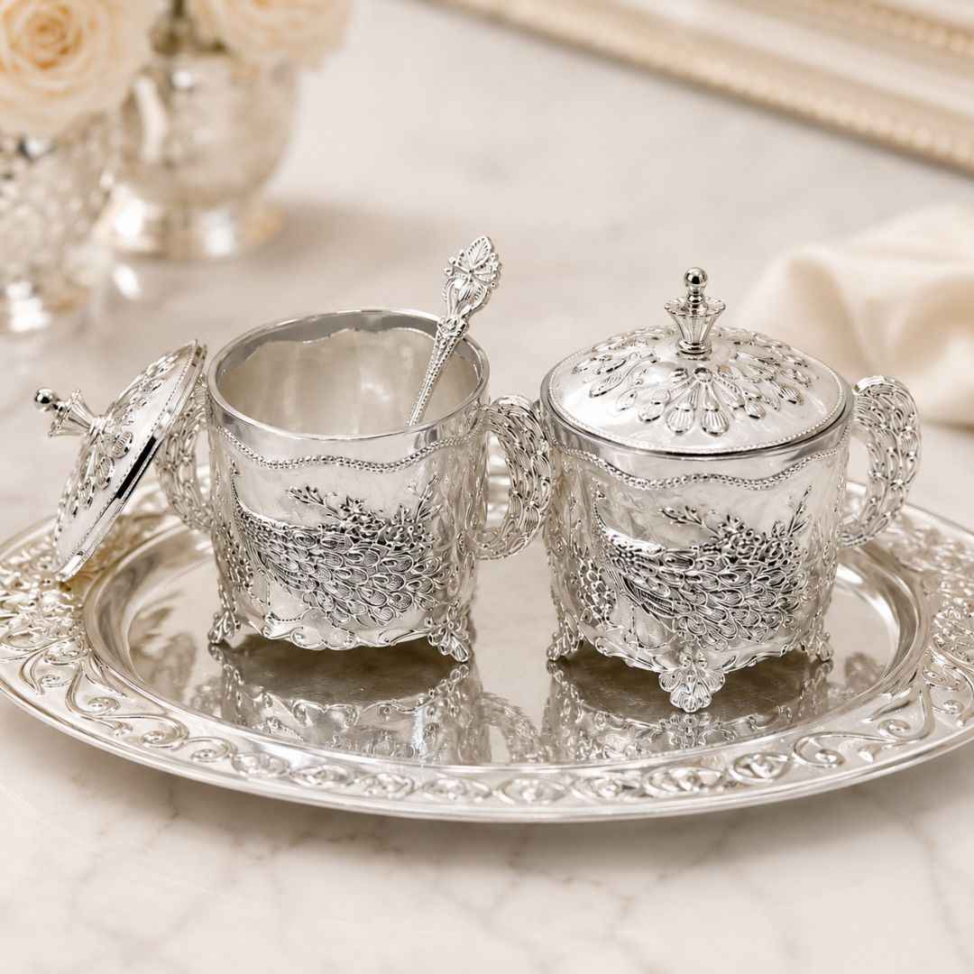 German Silver White Peacock Container Set with Tray