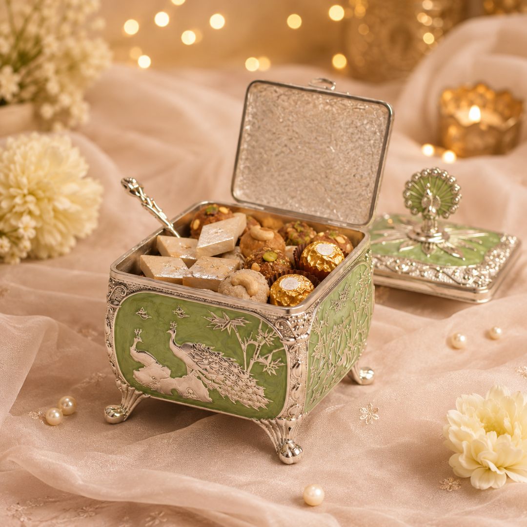 Royal Peacock German Silver Dry Fruit Box (Green) – 4 x 4 Inch with Spoon
