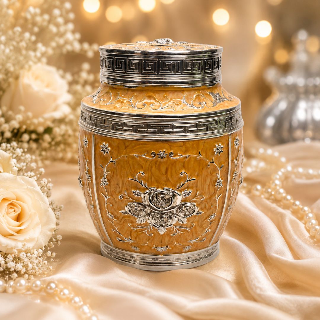 Luxury Orange Floral Silver Finish Storage Jar with Lid (7 x 5 Inch)