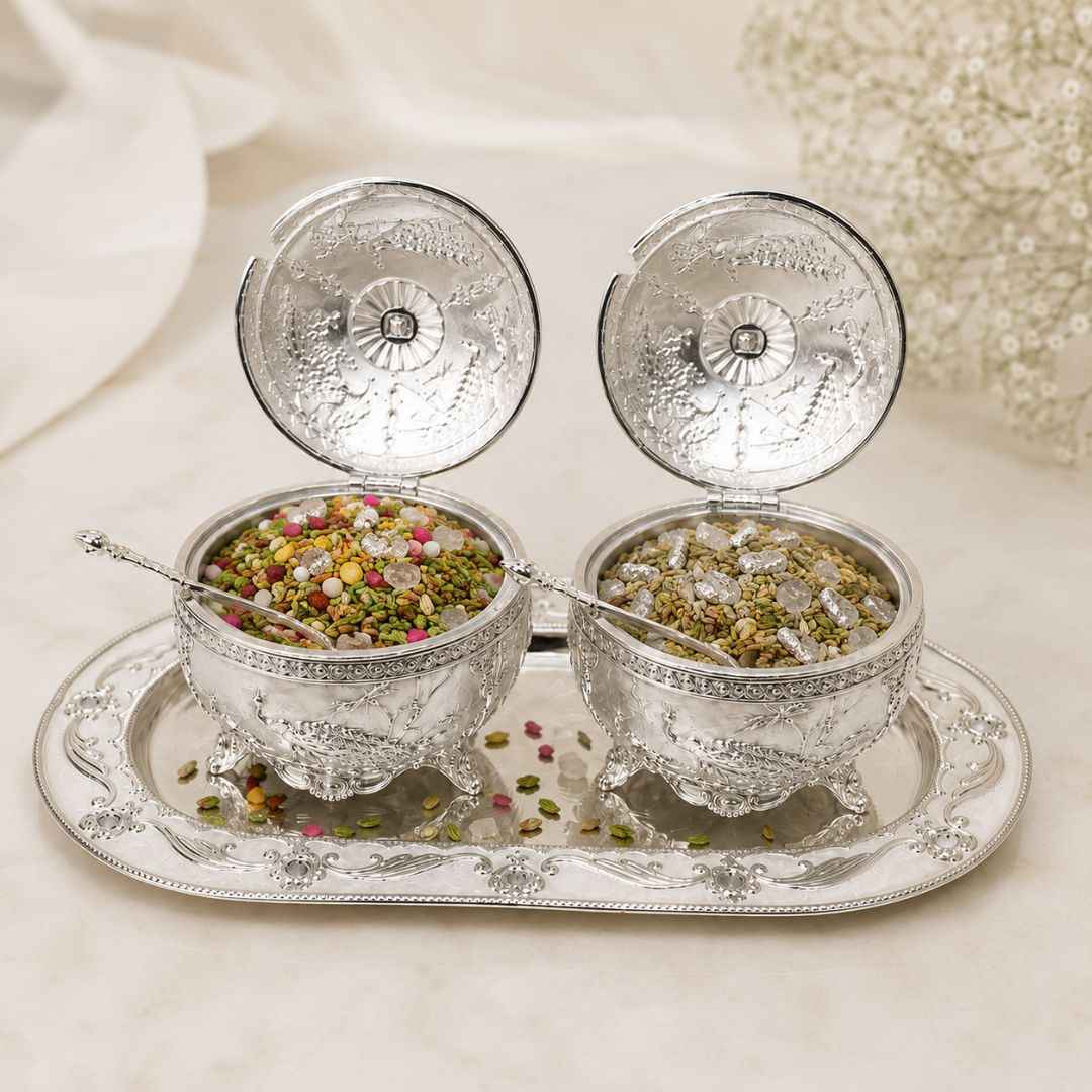 German Silver Peacock Serving Set with Spoon