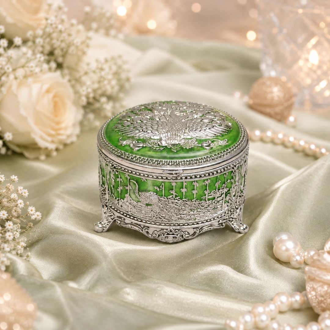 Royal Peacock Enamel Silver Jewellery Box – 3 Inch (Green Finish)