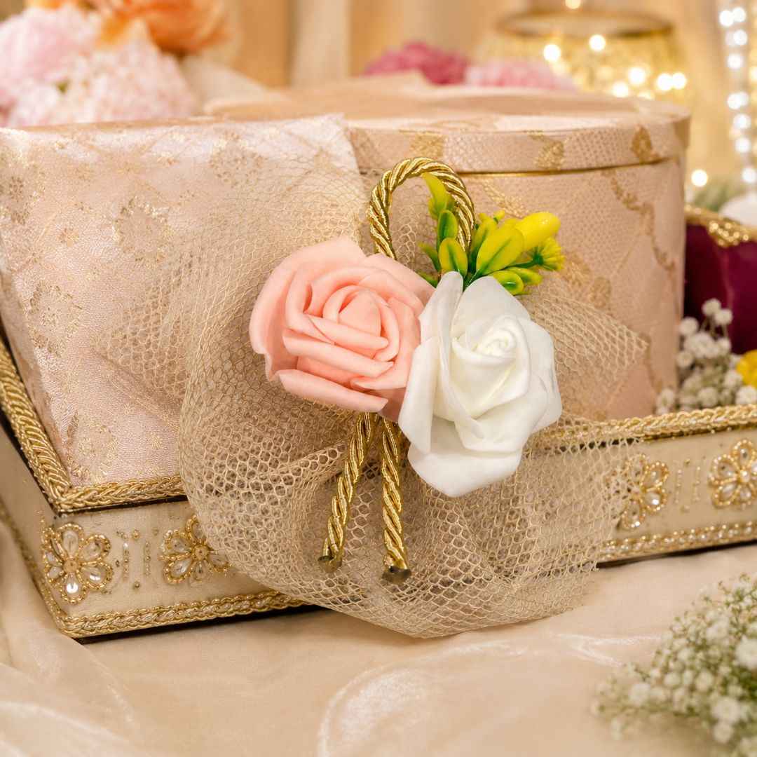 Pack of 5 Peach & White Rose Net Decorative Accessories for Hamper Packing