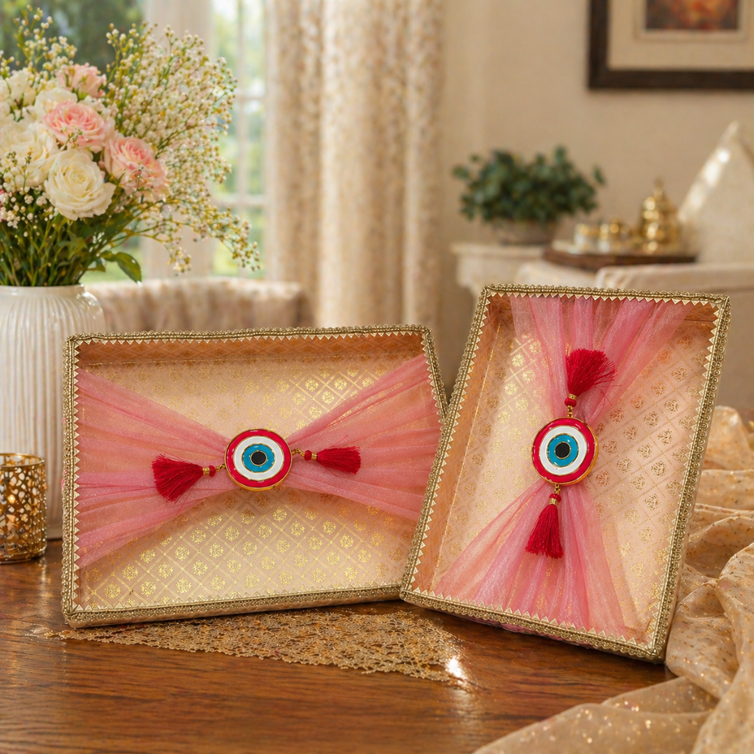 (Set of 2)Premium Evil Eye Net Gift Tray (16x12 & 14x10 Inch) – Pink Fabric Finish with Tassel Decor - Adscraft.in