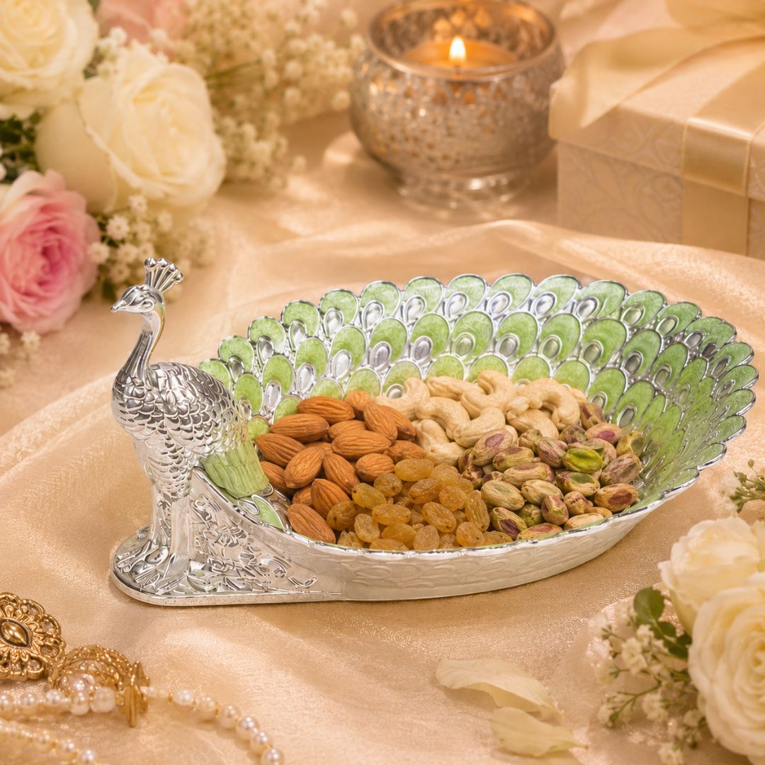 Peacock-Shaped German Silver Dry Fruit Tray – Green Enamel Finish (8 Inch)