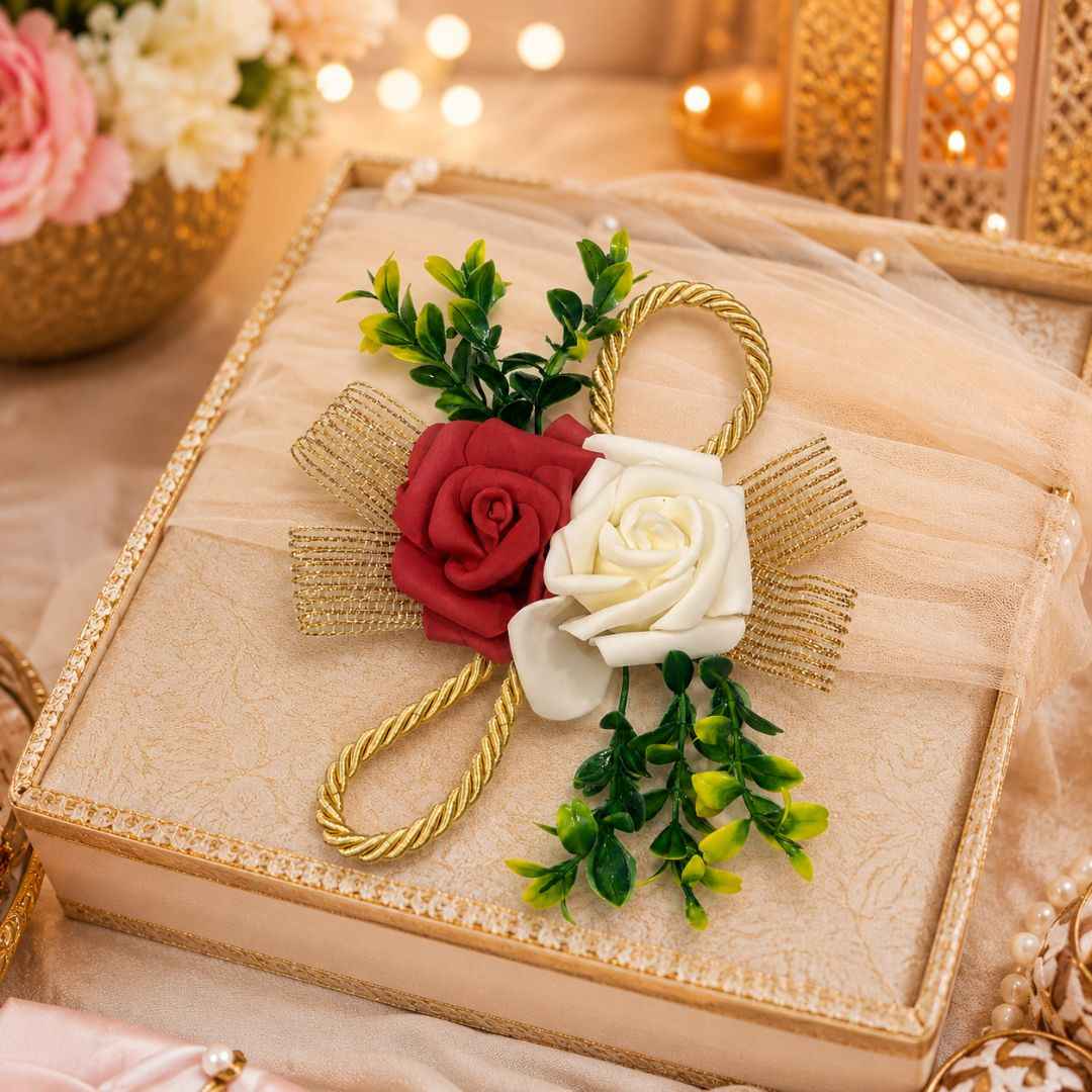 Pack of 5 Maroon & White Rose Golden Ribbon Decorative Accessories