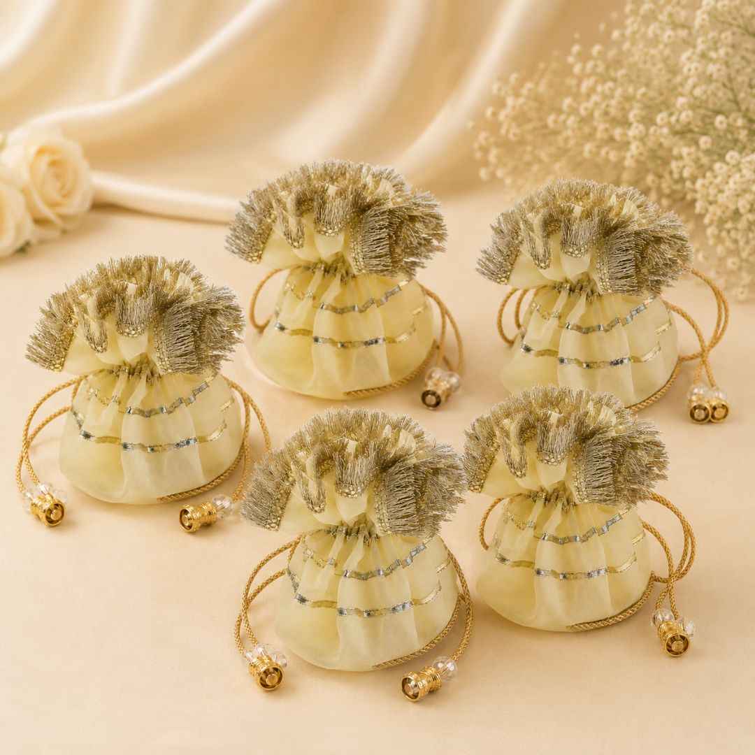 Pack of 5 -Cream Gold Lace Drawstring Potli Bag