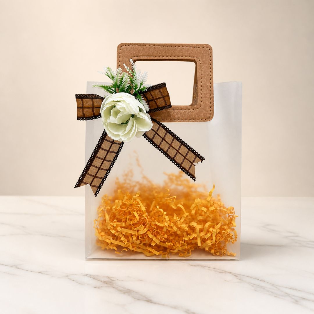 (Set of 5)Premium Frosted Gift Bag with Wooden Handle & Floral Bow – (6.5 x 9 Inches)