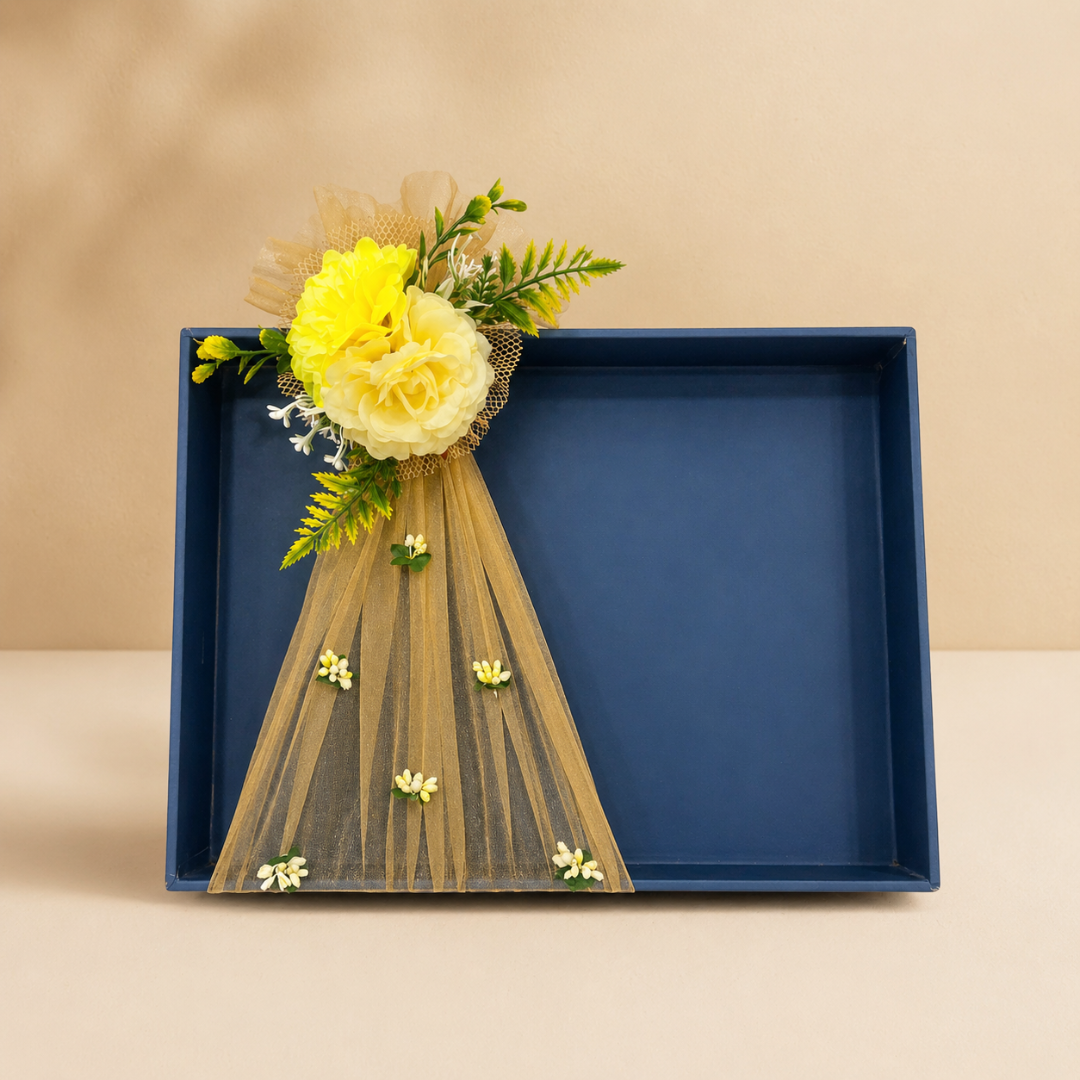 (Set of 3)Premium Navy Blue Ready-to-Use Gift Tray with Yellow Net & Floral Decor (16 x 12 Inch) - Adscraft.in