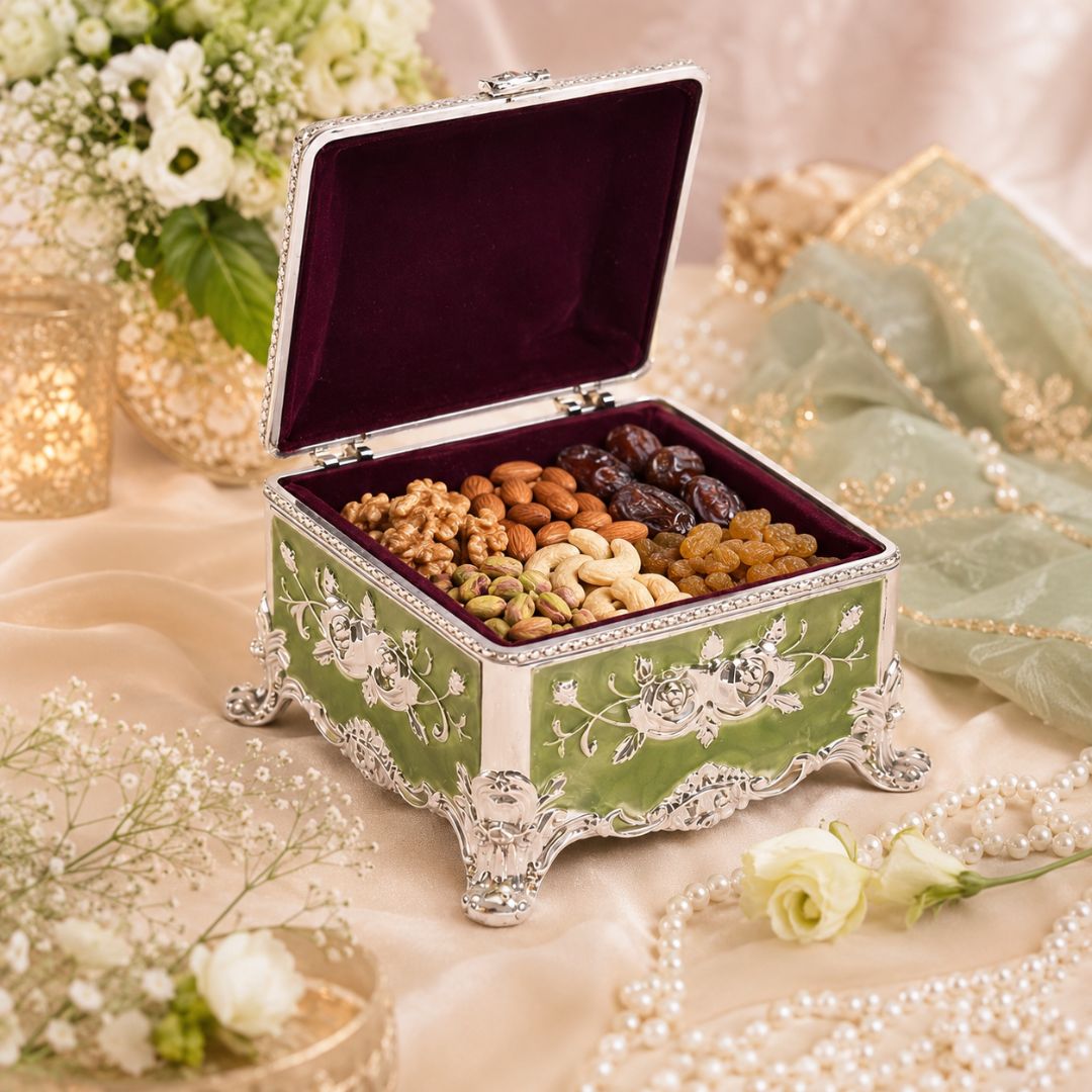 Royal Green Floral Metal Jewellery Box with Velvet Lining (3 x 3 x 2 Inch)