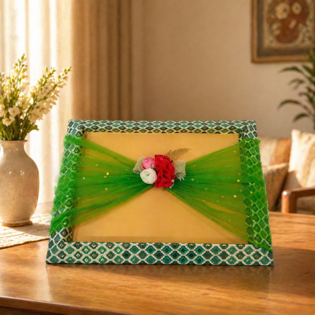 (Set of 3)Premium Green Net Decorative Gift Tray – Floral Center Design | 21 x 16 Inches