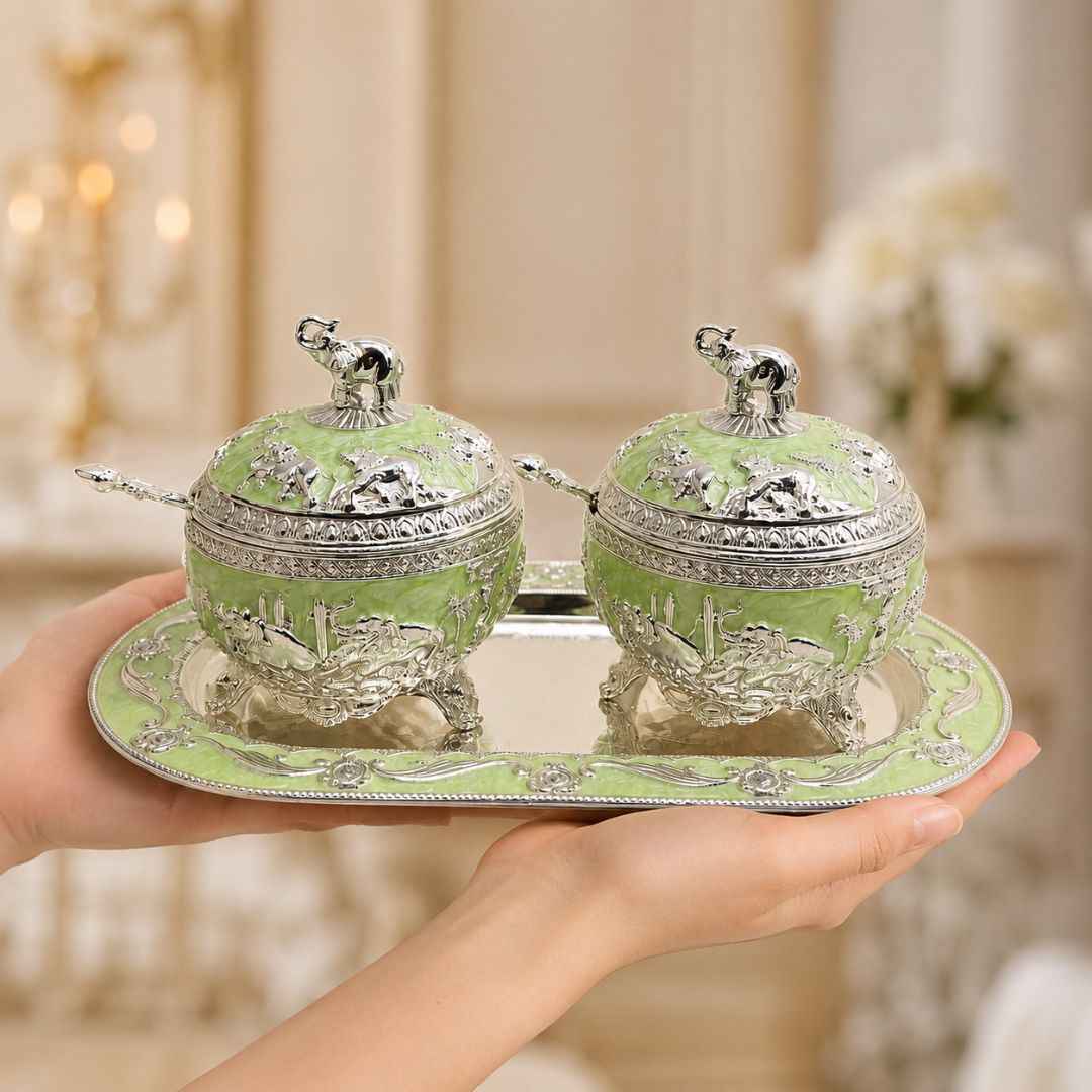 German Silver Green Elephant Serving Set with Spoon