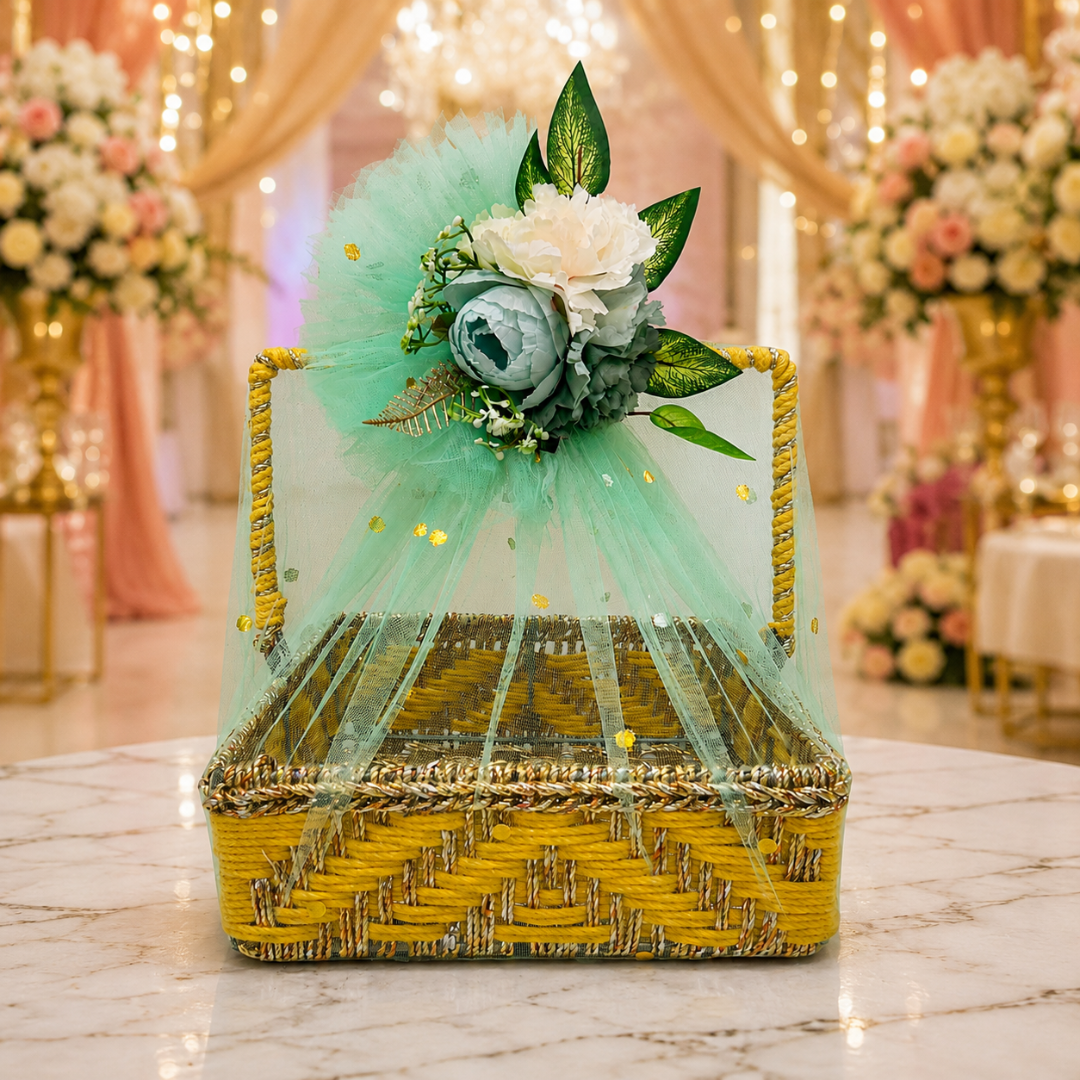 (Set of 3 )Premium Yellow Handwoven Trousseau Basket Set with Mint Net Decor –