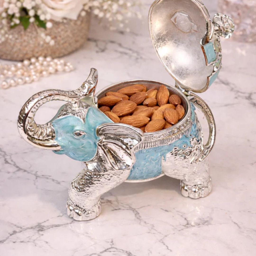 Luxury Silver Elephant Dry Fruit Box with Blue Enamel Finish | Decorative Storage & Gifting Box (8 x 6 Inch)