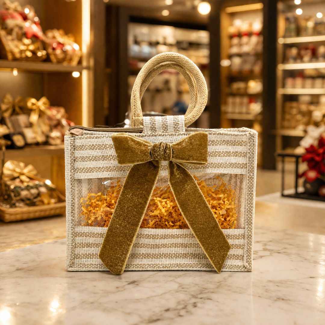 (Set of 5)Premium Jute Gift Bags with Transparent Window & Golden Bow – 12 x 15 Inches
