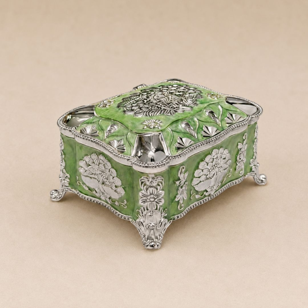 Green Enamel German Silver Decorative Jewellery & Keepsake Box (4 x 3 x 3 Inch)