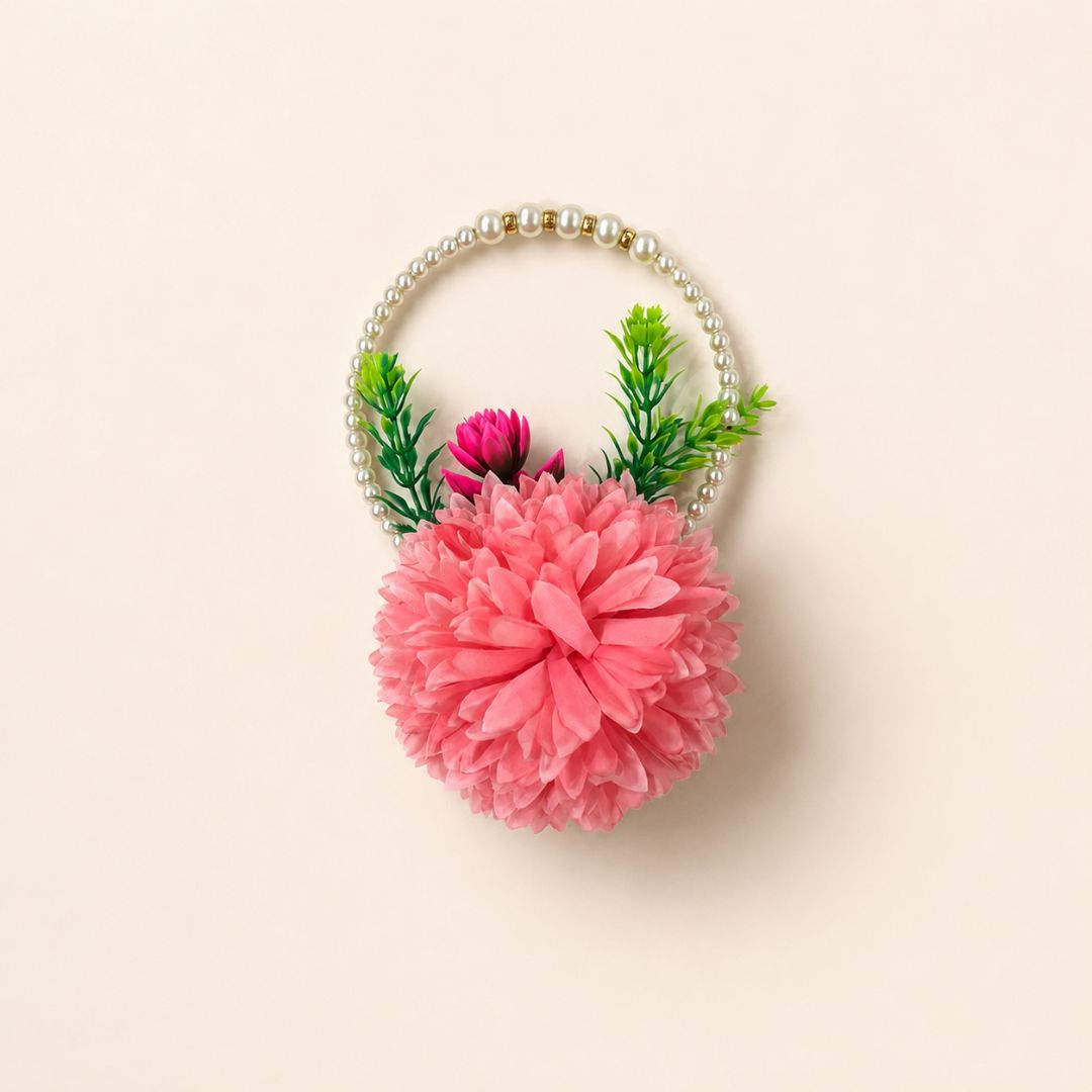 Set of 5 Coral Pink Pearl Loop Floral Decorative Accessories for Hamper & Trousseau Packing