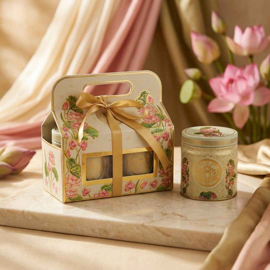 Pack of 6 Cream Lotus Printed 2 Jar Tin Gift Box with Handle
