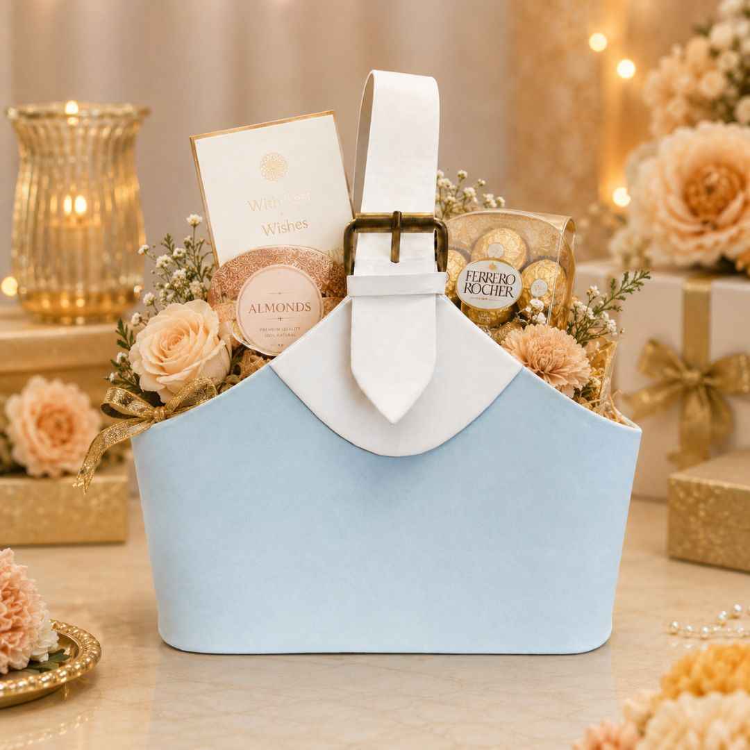 Premium Baby Blue Basket Style Gifting Bag for Hampers, Trousseau & Return Gifts