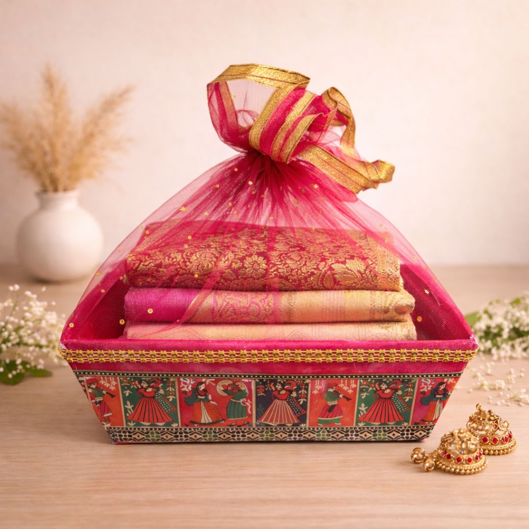 (Pack of 10)(8 x 8)Premium Red Net Gift Tray with Folk Art Base – | Wedding Trousseau & Festive Hamper Tray