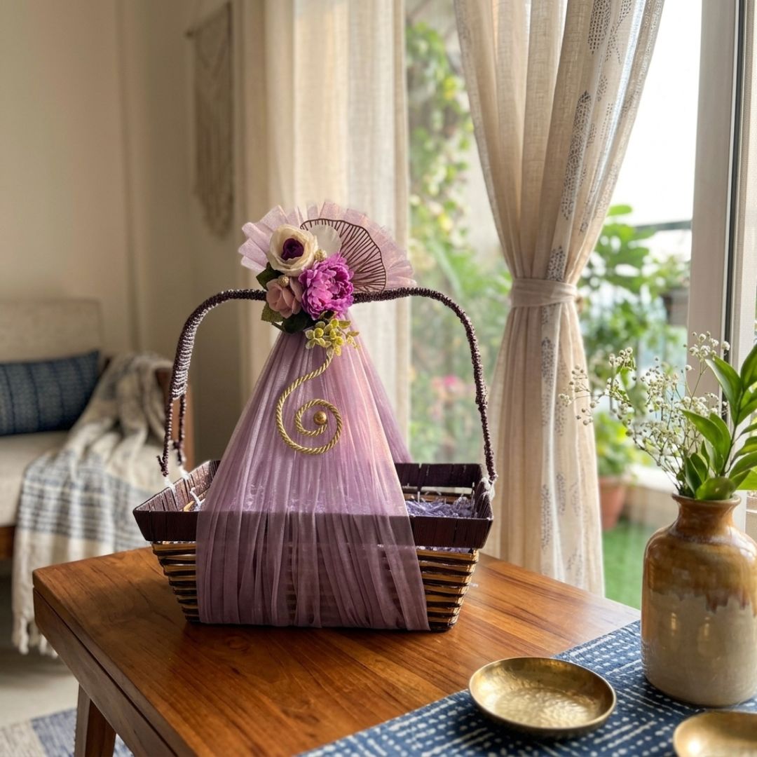 (Set of 3)Premium Lavender Net Gift Baskets with Floral Decor & Handle (16 x 12 Inches)