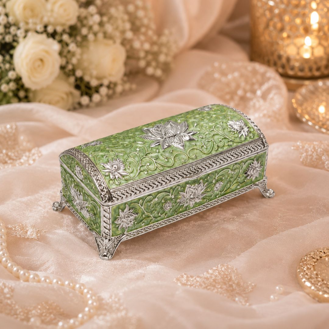 Luxury German Silver Floral Long Storage Box – Green Enamel Finish (7.5 x 3.5 Inch)