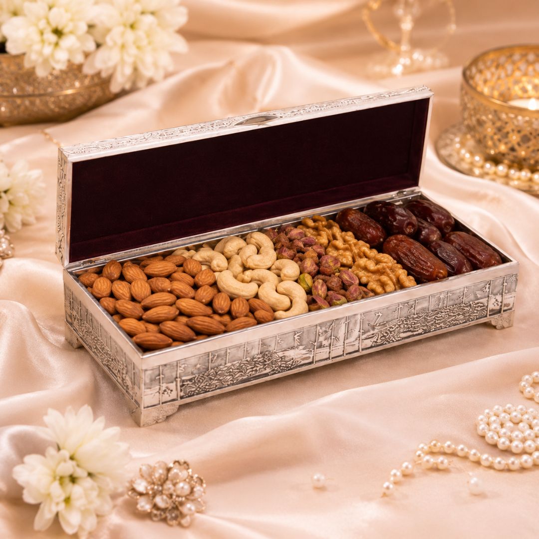 Premium German Silver Peacock Dry Fruit Box – Plain Silver Finish (9 x 3.5 x 2 Inch)