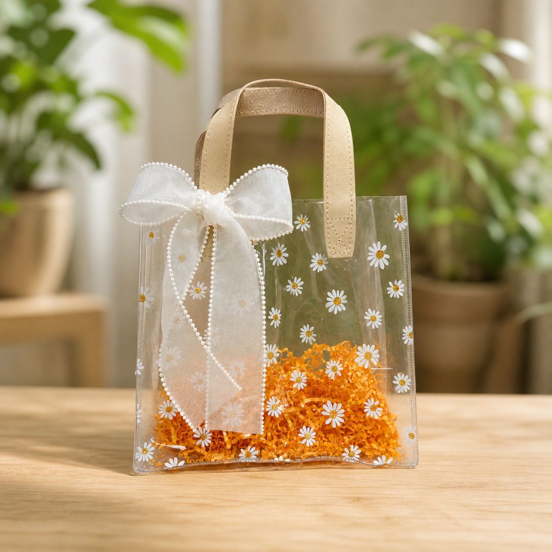 (Set of 5)Premium Transparent Floral Gift Bag with Bow Handle – 10 Inch x 14 Inch Sizes