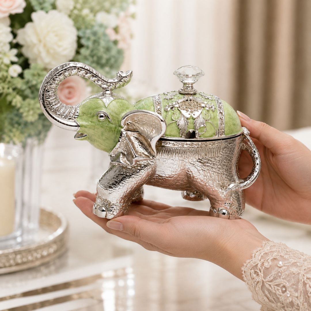 Luxury Silver Elephant Dry Fruit Box – Green Finish | 8 x 6 Inch Decorative Gift Box